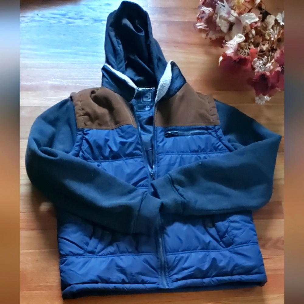 Men's Large Distortion Comfort Style Puffer Hooded Coat charcoal Blue Corduroy